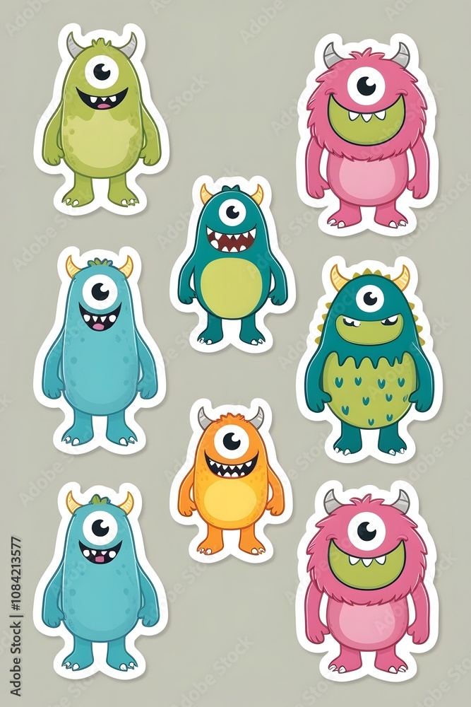 Obraz premium Adorable Collection of Playful One-Eyed Monsters: A Delightful Set of Cartoonish Creatures with Vibrant Colors and Happy Expressions, Perfect for Stickers, Children's Illustrations, or Fun Designs.