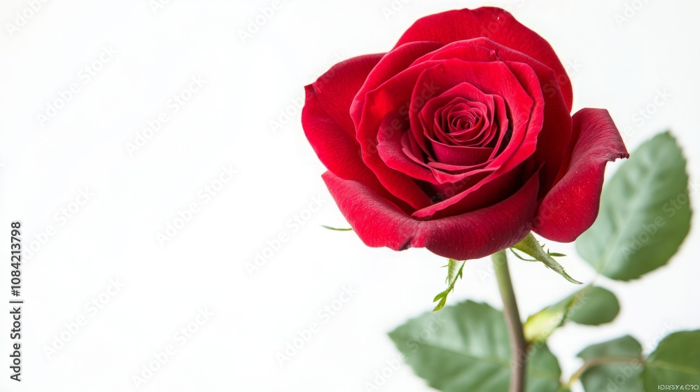 Fototapeta premium A vibrant, fully bloomed red rose with a short stem and green leaves, displayed against a white background.