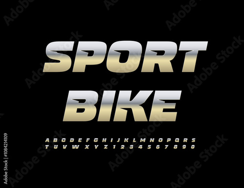 Vector digital icon Sport Bike, Unique Metallic Font. Silver Alphabet Letters and Numbers.