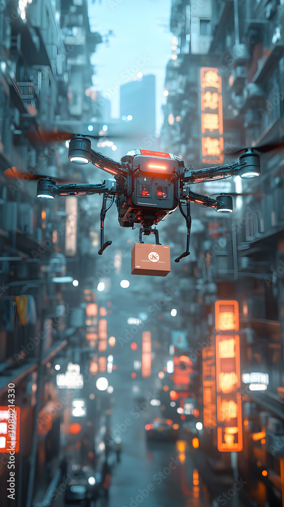 Naklejka premium Futuristic Drone Delivery in a Cyberpunk City, Carrying a Package Through Neon-Lit Streets