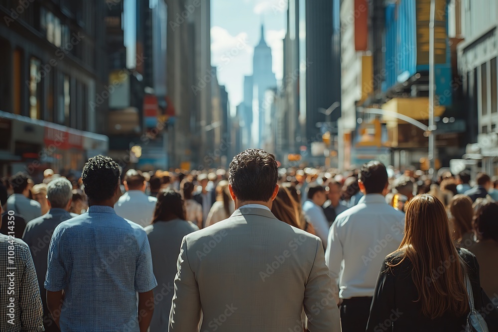 Obraz premium Man in Suit Walks Through Busy Downtown Street Crowd1