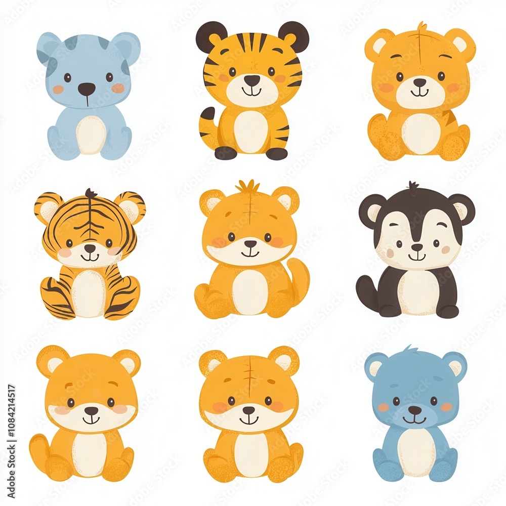 Obraz premium A collection of cute cartoon animals including tigers and a bear, perfect for children's themes and illustrations. isolated on white background