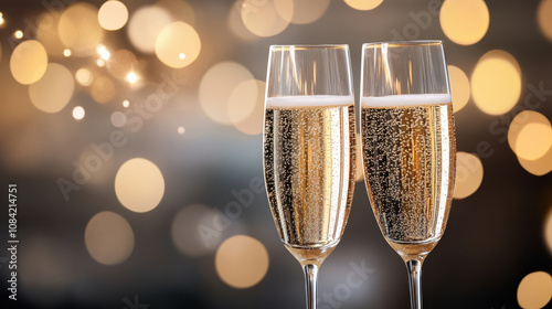 Cheers to celebration with sparkling champagne in elegant glasses, surrounded by beautiful bokeh lights creating festive atmosphere