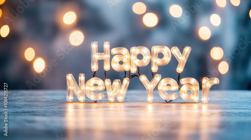 Happy New Year illuminated sign with fairy lights on table, creating festive atmosphere for celebration and joy