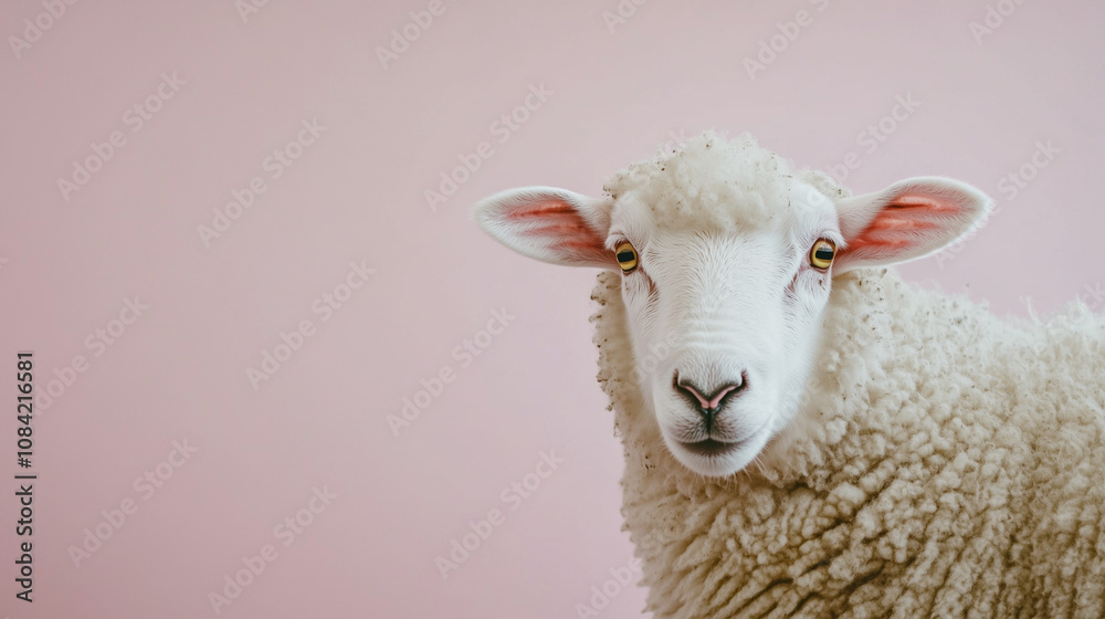 Fototapeta premium Close-Up Portrait of Sheep Against Soft Pink Background