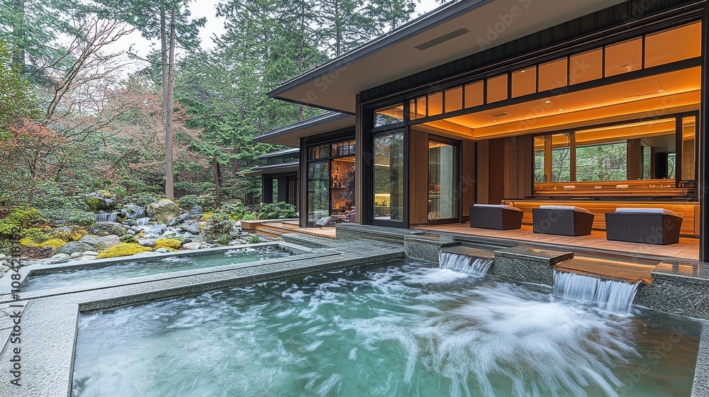 custom made wallpaper toronto digitalSerene Outdoor Spa Retreat in Nature with Flowing Waterfall, Chairs, and Lush Surroundings for Relaxation and Tranquility, Ideal for Wellness and Nature Photography