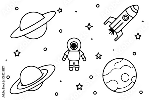 Explore the Cosmos: Space-Themed Page with Planets, Rockets, and Floating Astronauts
