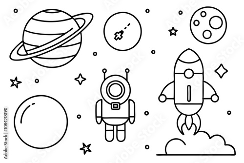 Explore the Cosmos: Space-Themed Page with Planets, Rockets, and Floating Astronauts