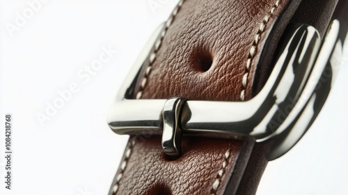 Artistic close-up of a mana??s belt, with a focus on its leather material and buckle, isolated on a white background.  photo