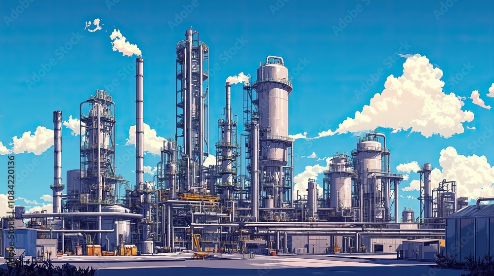 Obraz premium Industrial Complex with Tall Towers and Smoke Against a Blue Sky