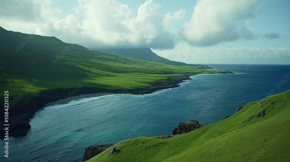Fototapeta premium Green Hills Overlooking a Clear Blue Ocean and Coastline
