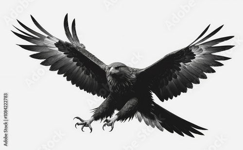 Black and white eagle with its wings spread out. The eagle is flying in the air. The eagle has a large head and talons photo