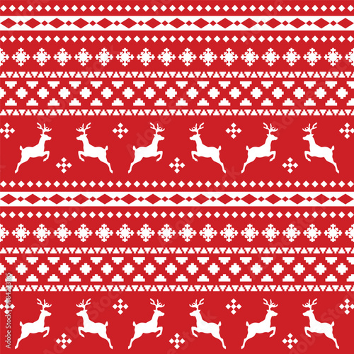 Pattern with nordic winter ornament with reindeer and snowflakes on red background