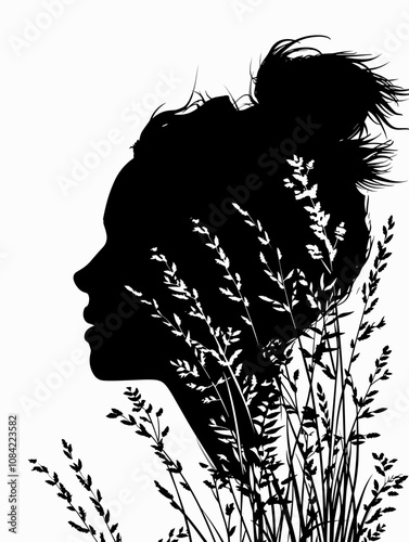 Woman's silhouette is drawn in the grass. The image has a moody and mysterious feel to it, as the woman's face is obscured by the tall grass. The silhouette emphasizes the woman's features