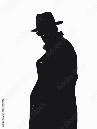 Man in a hat and coat is standing in front of a white background. He looks like a detective or a spy