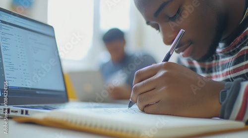 Student focused on note-taking with laptop in academic setting