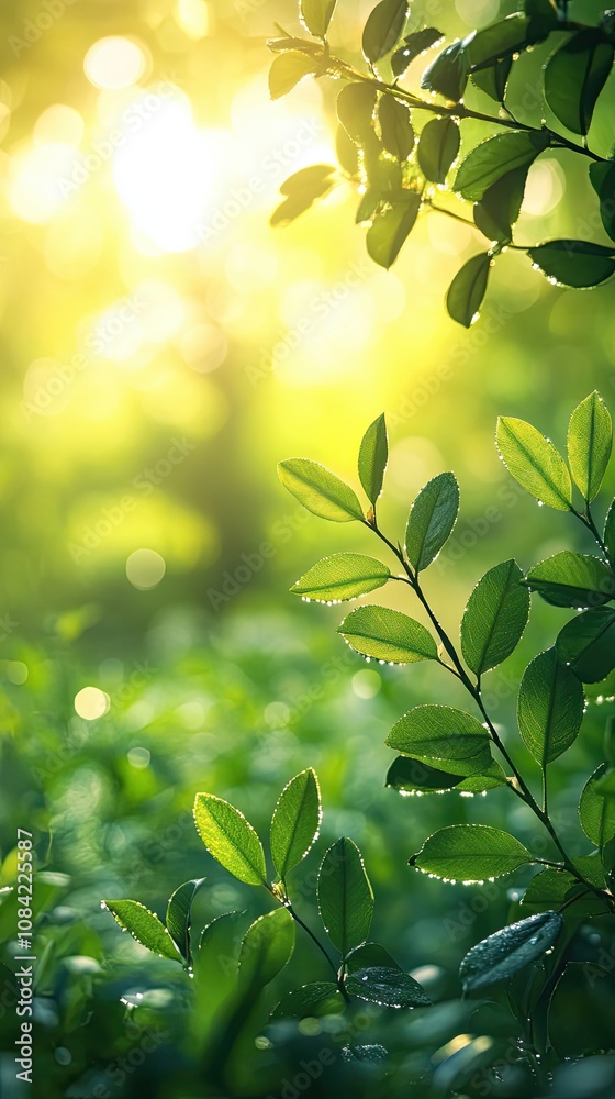 Obraz premium Lush Green Leaves with Morning Dew and Soft Sunlight Filtering Through a Vibrant Forest Setting in a Tranquil Natural Environment