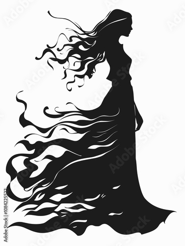 Woman with long hair is standing in front of a white background. The image has a dark and mysterious mood, with the woman's silhouette and the flowing hair creating a sense of movement