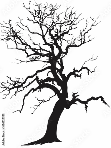 Tree with no leaves is depicted in black and white. The tree is tall and has a thin trunk. The image has a somber and melancholic mood, as the tree appears to be dead and barren