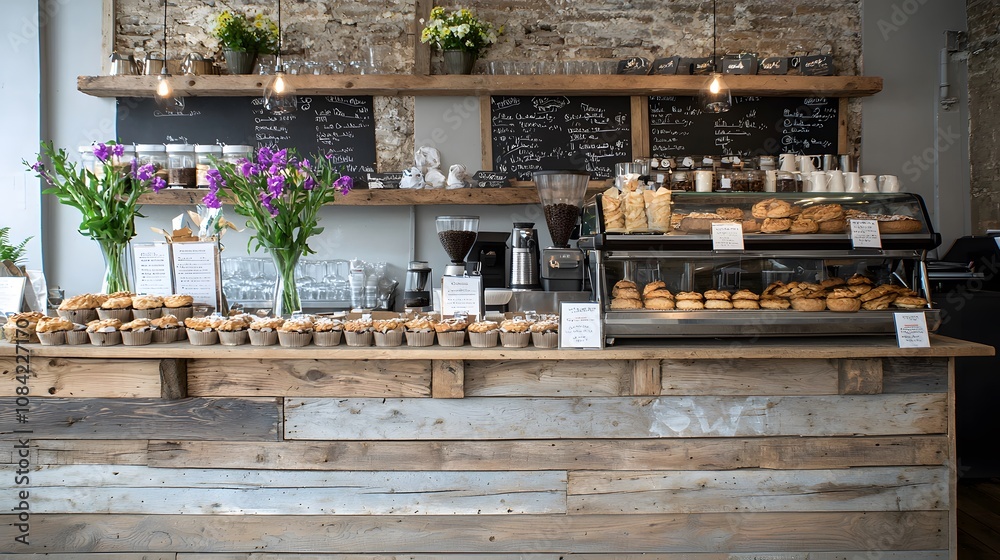 Obraz premium Charming rustic cafe with specialty coffee drinks and bakery displays filled with tarts and pies