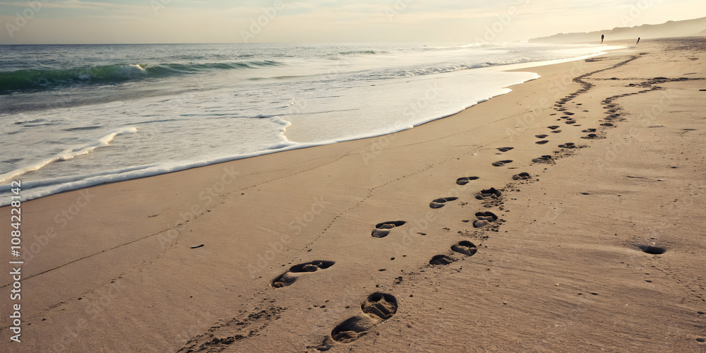 Fototapeta premium Soft abstract image of overlapping footprints on sand with gentle hues and copy space on the side. concept as Overlapping footprints of a group on sandy terrain depicted with soft hues and abstract ef