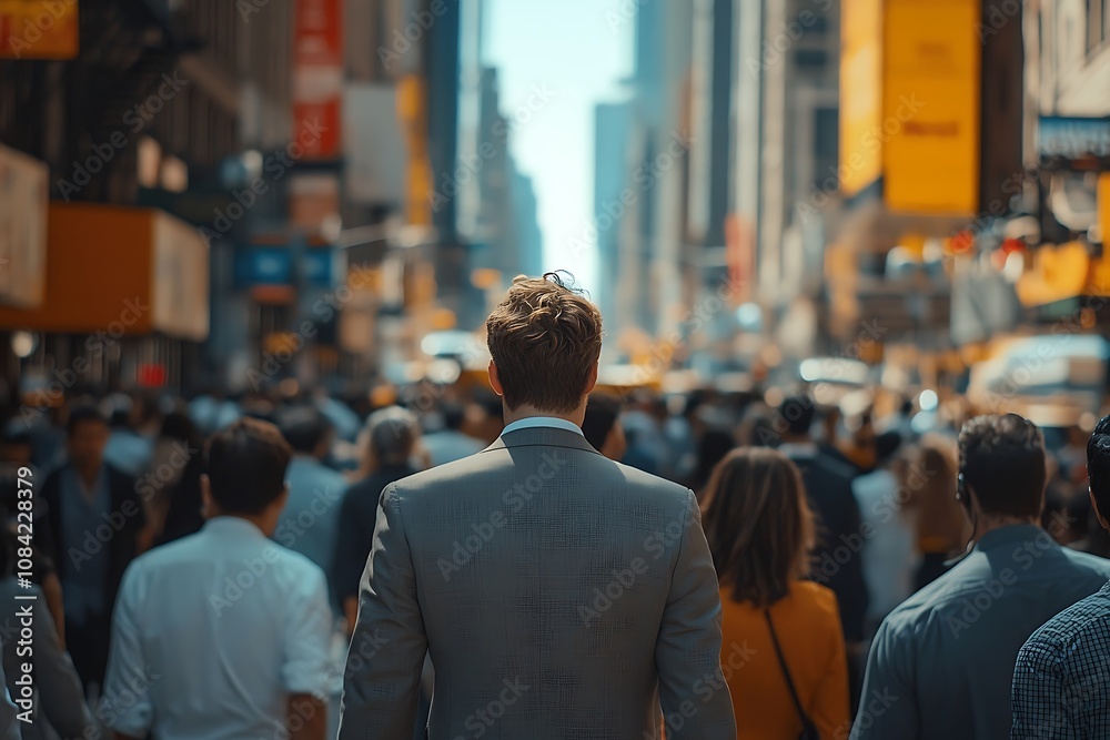 Fototapeta premium Man Walking Through City Street with Shadow