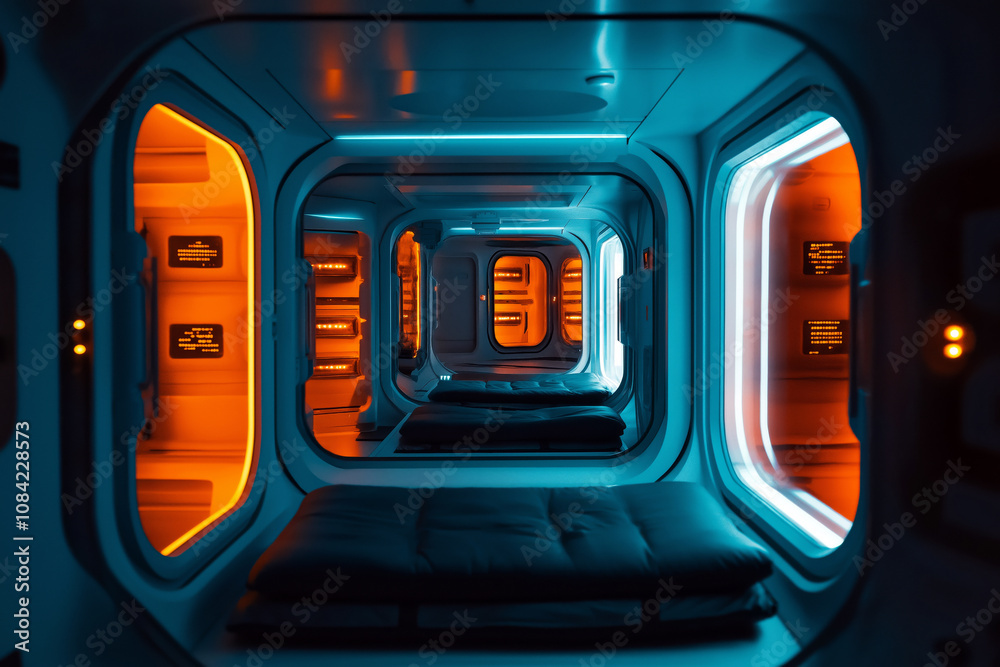 Fototapeta premium A futuristic capsule hotel interior with glowing capsules and a modern aesthetic.