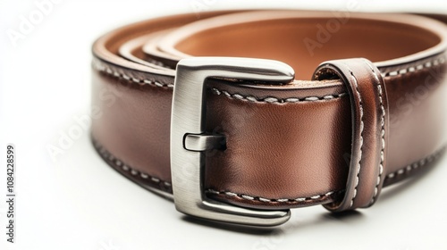 Close-up of a classic mana??s leather belt, isolated on a clean white background.  photo