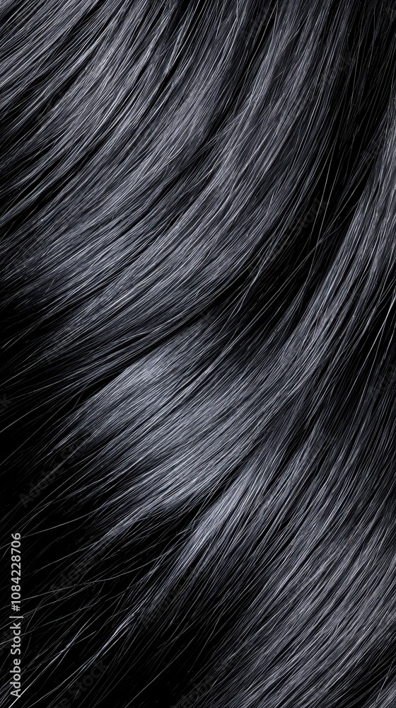 Naklejka premium A close-up of glossy black hair, showcasing smooth, flowing strands with a shiny texture that reflects light beautifully.