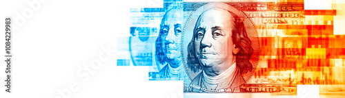 A vibrant representation of U.S. currency featuring Benjamin Franklin, with a gradient of blue and orange tones, symbolizing wealth and finance. photo