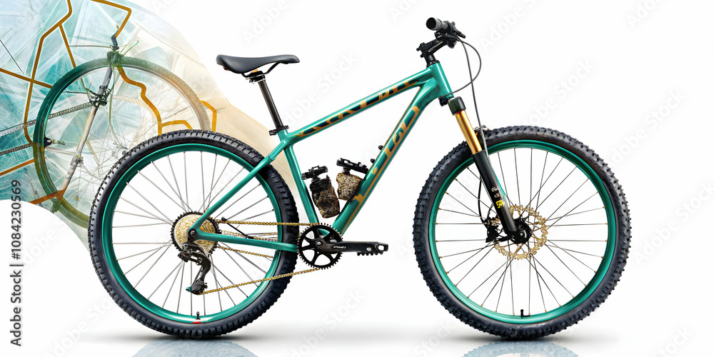 Fototapeta premium Vector image of a mountain bike with trail map overlay isolated on white background. concept as A dynamic vector illustration of a mountain bike with a semi transparent trail map overlay symbolizing a
