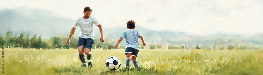 Obraz premium Two children play soccer on a grassy field, enjoying a sunny day. The backdrop features distant hills and a clear sky, capturing a moment of fun and camaraderie.