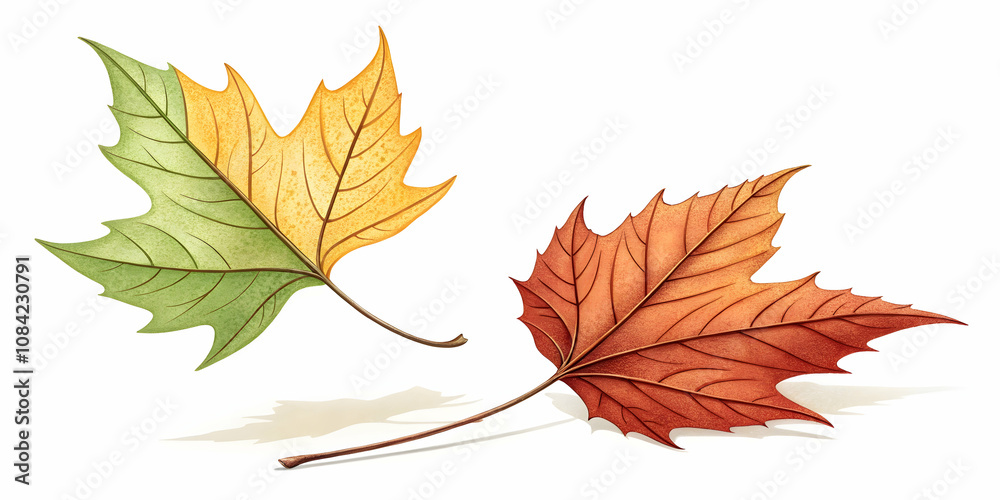 Fototapeta premium Vector of leaves falling together isolated on white background. concept as An elegant vector illustration of two leaves falling side by side representing change and growth during group outdoor bonding