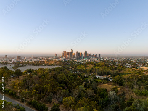 Sunrise over downtown Los Angeles, California, aerial view from Elysian Park. Clear skies.