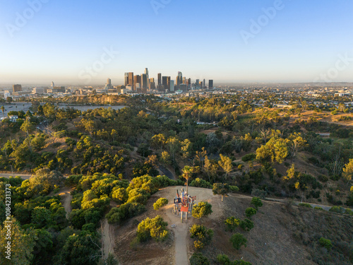 Sunrise over downtown Los Angeles, California, aerial view from Elysian Park. Clear skies.