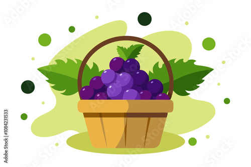 Basket of Green and Purple Grapes with a Countryside Backdrop