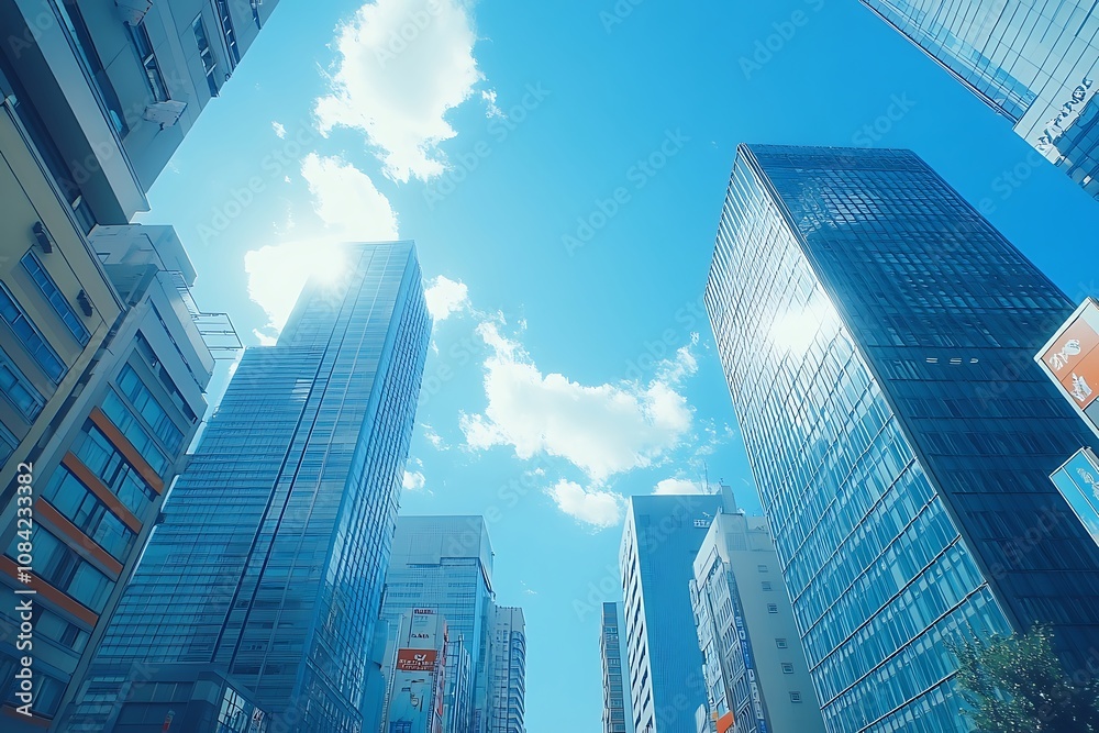 Fototapeta premium Midday Cityscape Reflective Towers and Fluffy Clouds