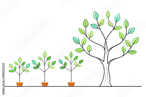 Journey of a Tree, Line Drawing from Birth to Growth - Vector Illustration