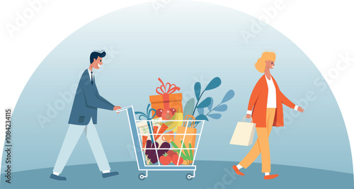 A man with groceries in a cart and a woman with a bag are leaving the store. Buying goods in a store. Happy customers bought a lot of goods. Business shopping