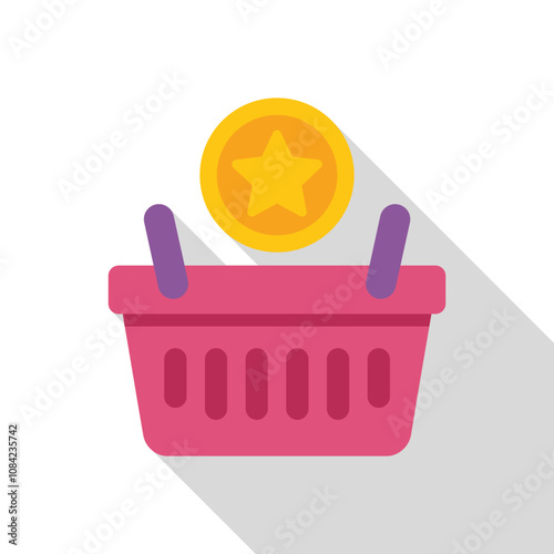 Pink shopping basket receiving bonus points with star symbol, representing customer loyalty program and rewards