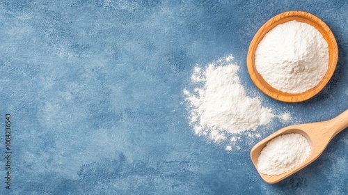 A close-up of flour in a wooden bowl and scoop on a blue textured background, ideal for cooking blogs, recipe books, or baking-related content showcasing ingredients,
