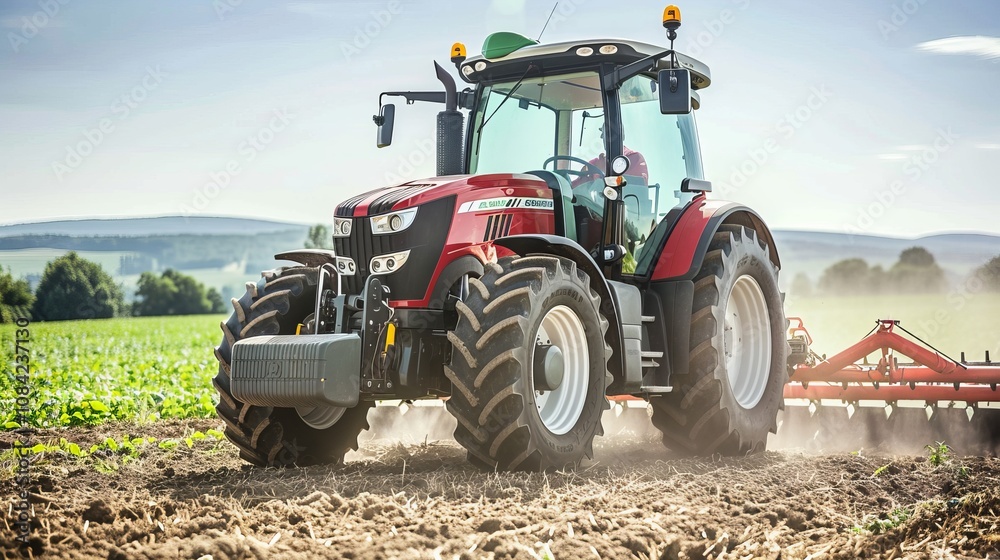 Obraz premium Red tractor plowing field on sunny day in scenic countryside.