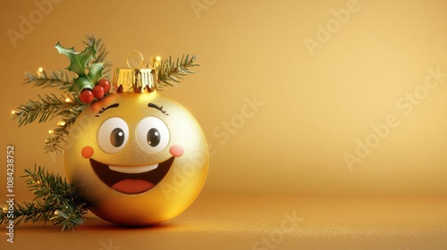 A cheerful golden ornament with a smile and festive decorations on a warm background during holidays photo