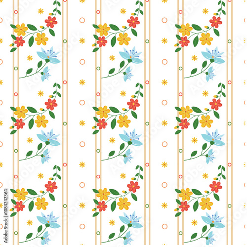 Bright illustration, striped wallpaper, blue, yellow, pink, flat. Seamless vector pattern, white background