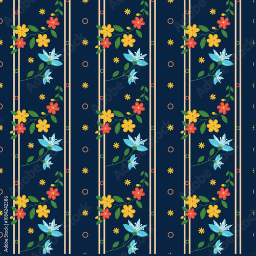 Bright illustration, striped wallpaper, blue, yellow, pink, flat colors on dark blue background. Seamless vector pattern.