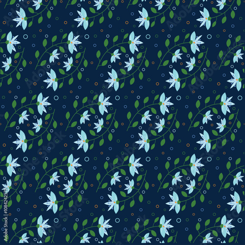  Delicate flat botanical pattern of blue, yellow, pink, flat flowers on dark blue background. Seamless vector pattern dark_background