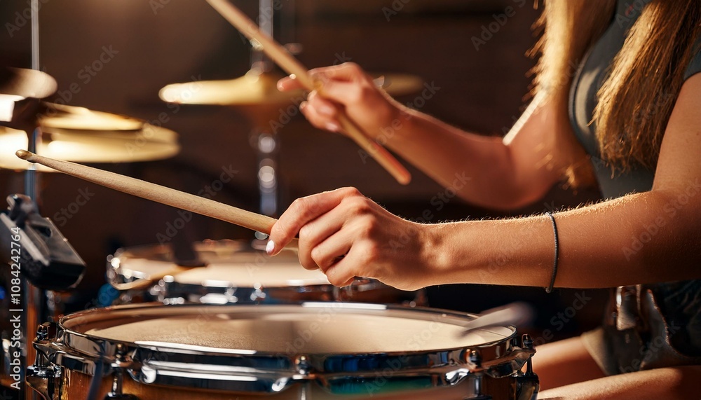 Fototapeta premium A close up view of a drummer's hand playing the drum set; a drummer playing the drum with drumsticks; a musician playing the drums; up and close of the hands of the drummer playing the set; musical