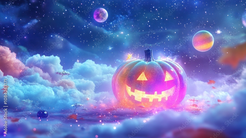 Fototapeta premium A whimsical Halloween scene featuring a glowing pumpkin in a cosmic landscape.