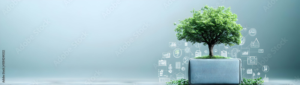 Obraz premium Tree growing out of a briefcase with business icons and copy space concept as A soft abstract image depicts a tree growing out of a briefcase surrounded by business icons symbolizing integrating susta