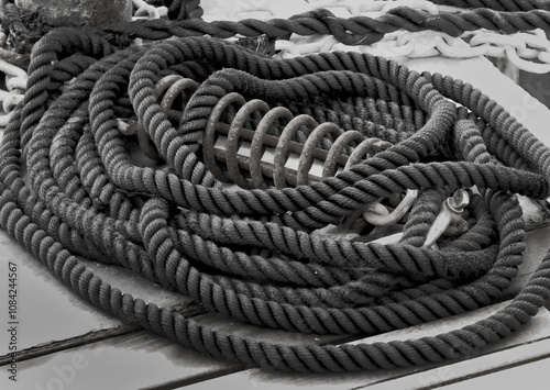 mooring rope coiled in the harbor, captured in a dramatic contrast. The texture of the ropes and the shadow details create a sense of depth, while the lack of color highlights the strength 